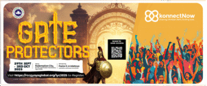 Promotional banner for the "Gate Protectors" event by the Redeemed Christian Church of God (RCCG) and konnectNow. The image features a warrior in Roman armor, a large, joyful crowd, and an ornate gate. Text on the banner includes the event name, dates (29th Sept - 3rd Oct 2025), venue (Redemption City), a QR code, and a registration URL: rccgyayaglobal.org/iyc2025.