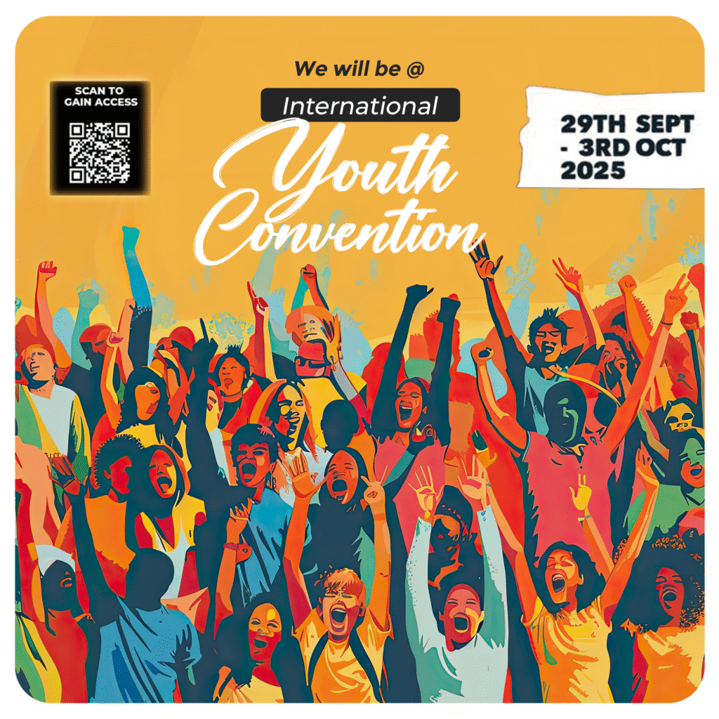 Colorful illustration of a large, diverse group of young men and women cheering with excitement, hands raised in the air, at the International Youth Convention. The image features bold, multi-colored brushstrokes and includes text with event details: "International Youth Convention" and the dates "29th Sept - 3rd Oct 2025" and a QR code.
