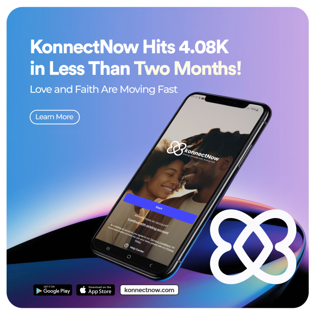 Promotional graphic for the KonnectNow dating app celebrating a growth milestone. The image features a smartphone displaying the KonnectNow login screen with a diverse, smiling couple, next to the headline "KonnectNow Hits 4.08K in Less Than Two Months! Love and Faith Are Moving Fast." Call-to-action buttons for 'Download on the App Store' and 'GET IT ON Google Play' are visible, promoting the KonnectNow relationship app.
